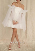Off the Shoulder Short Princess Tulle Bowknot Civil Wedding Dresses