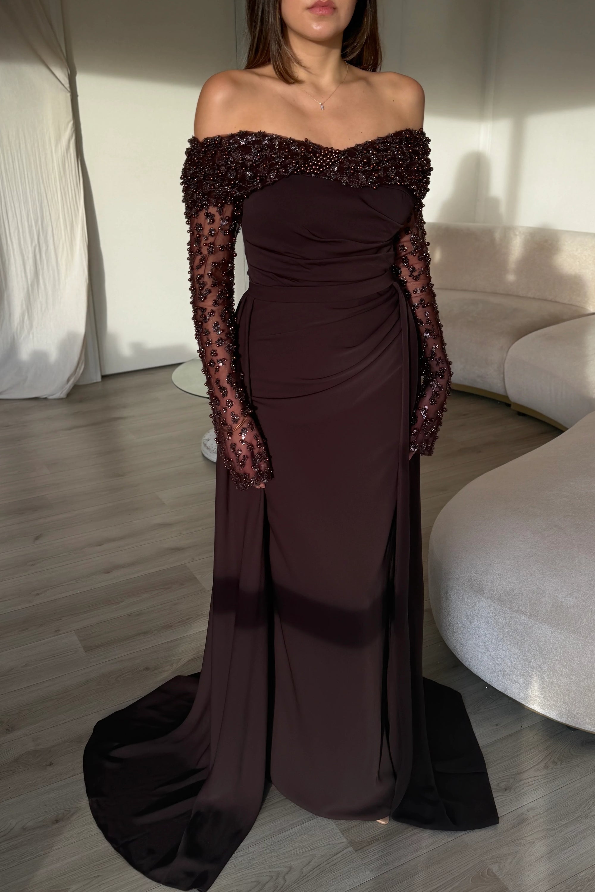Off the Shoulder Lace Long Sleeve Beaded Mermaid Evening Dress Court Train