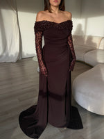 Off the Shoulder Lace Long Sleeve Beaded Mermaid Evening Dress Court Train
