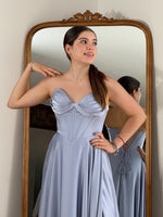 Strapless A-Line Sweetheart Satin Prom Dresses with High Slit