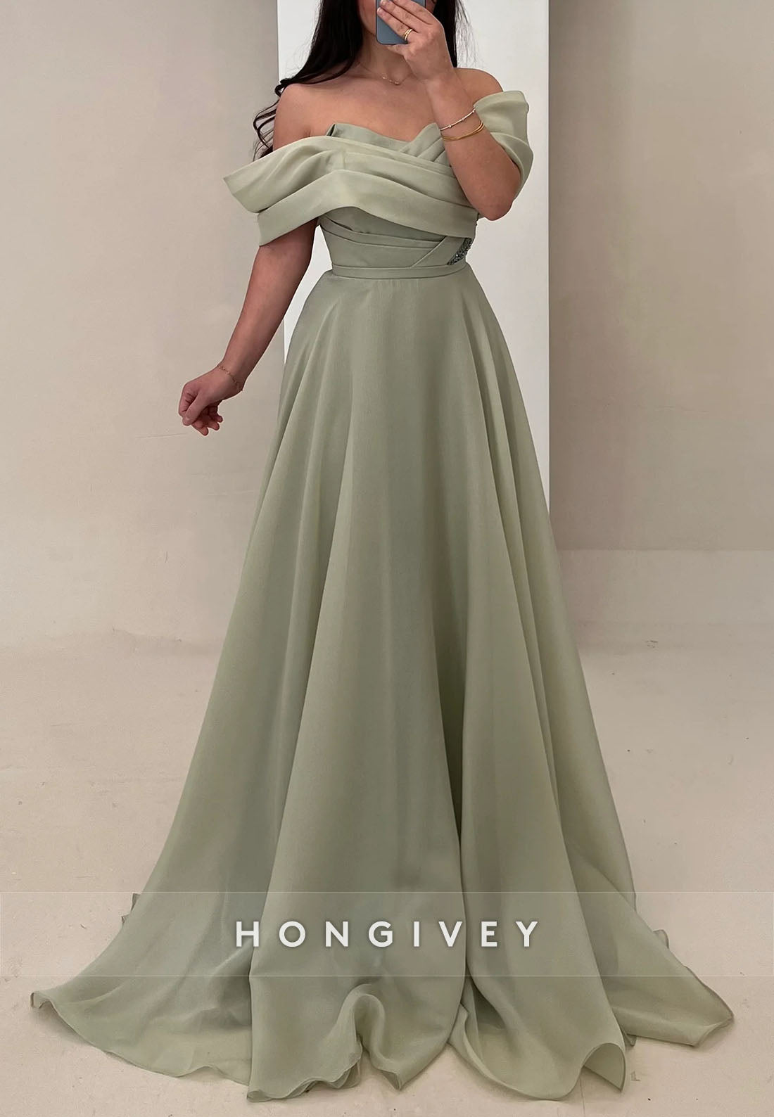 A-line Sweep Train Evening Gown Off the Shoulder Pleated Formal Dresses