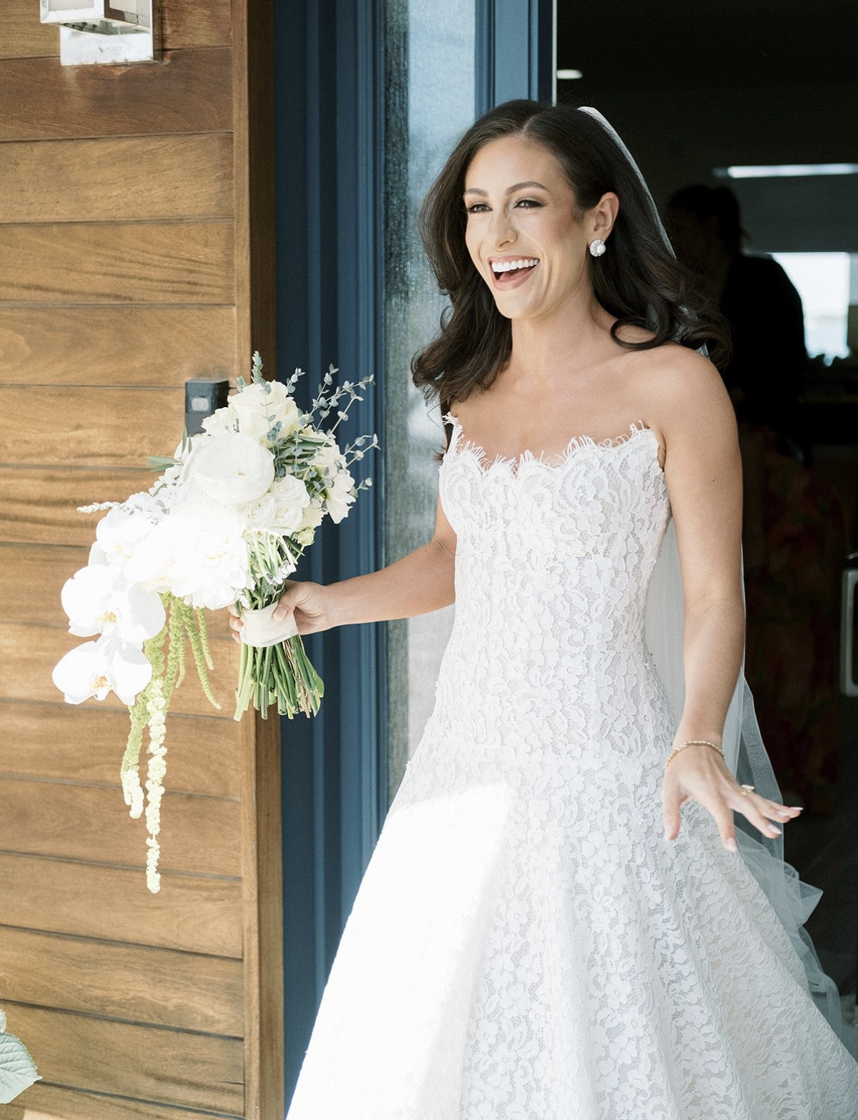 Designer Long White A-line Strapless Lace Sleeveless Wedding Dress