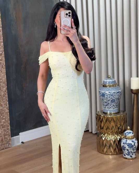 off teh Shoulder Mermaid Yellow Sequins Side Slit Prom Dress