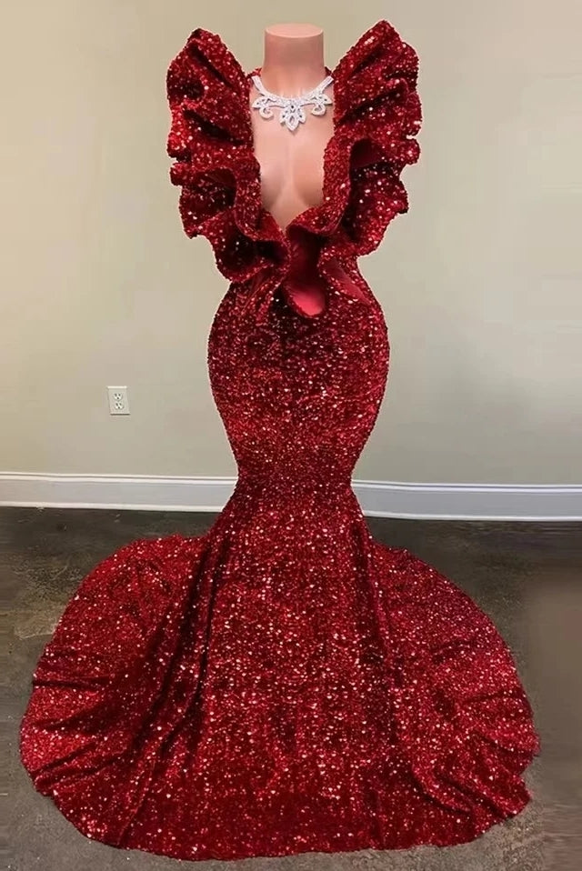 Sexy Burgundy Sequins Ruffles V Neck Mermaid Prom Dresses