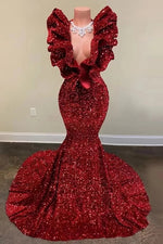 Sexy Burgundy Sequins Ruffles V Neck Mermaid Prom Dresses