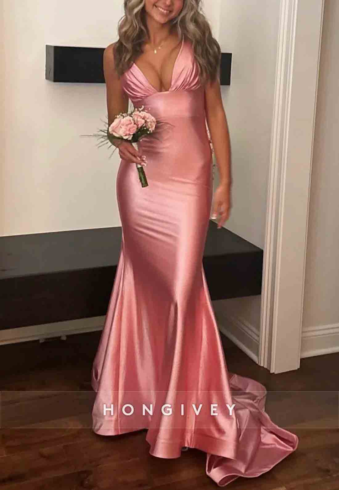 Stylish Mermaid Sweep Train Prom Dresses Pleated V Neck Pink Long Party Dress
