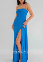 Spaghetti Straps Simple Sheath Pink Long Party Dress with High Slit