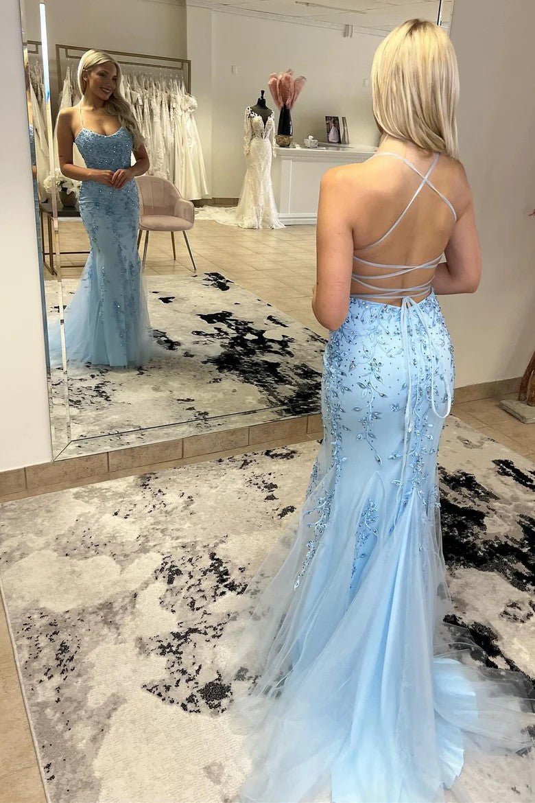 Light Blue Floral Applique Scoop Neck Mermaid Prom Evening Dress