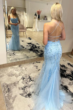 Light Blue Floral Applique Scoop Neck Mermaid Prom Evening Dress