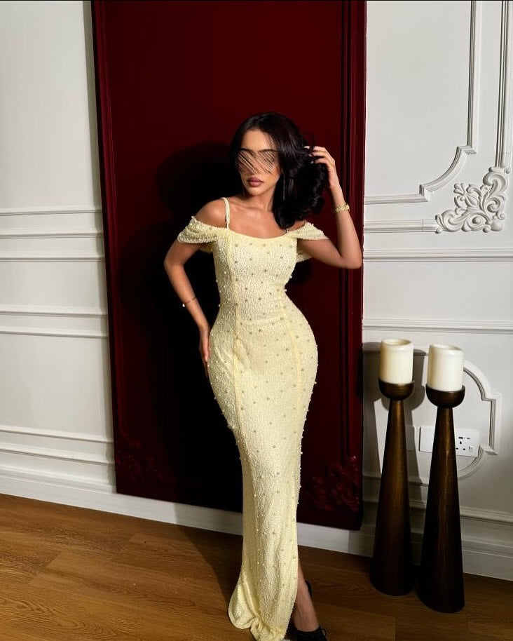 off teh Shoulder Mermaid Yellow Sequins Side Slit Prom Dress