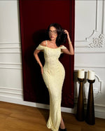 off teh Shoulder Mermaid Yellow Sequins Side Slit Prom Dress