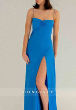 Spaghetti Straps Simple Sheath Pink Long Party Dress with High Slit