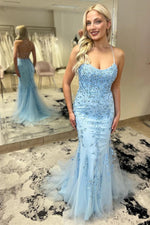 Light Blue Floral Applique Scoop Neck Mermaid Prom Evening Dress