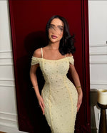 off teh Shoulder Mermaid Yellow Sequins Side Slit Prom Dress