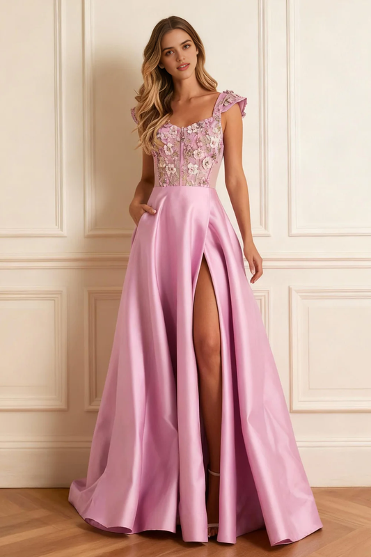 Exquisite Formal Women Pink Satin A Line Cape Sleeve 3D Floral Ruched with Slit Backless Long Prom Dress