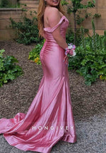 Stylish Mermaid Sweep Train Prom Dresses Pleated V Neck Pink Long Party Dress