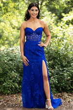 Elegant Mermaid Strapless Prom Dress with Lace Appliques and Slit