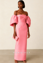 Off the Shoulder Satin Half Sleeves Column Ankle-Length Evening Gown