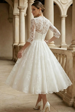 Short Ball-Gown Lace Wedding Dresses With 1/2 SleevesShort Ball-Gown Lace