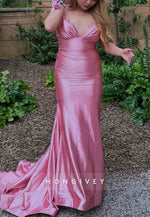 Stylish Mermaid Sweep Train Prom Dresses Pleated V Neck Pink Long Party Dress