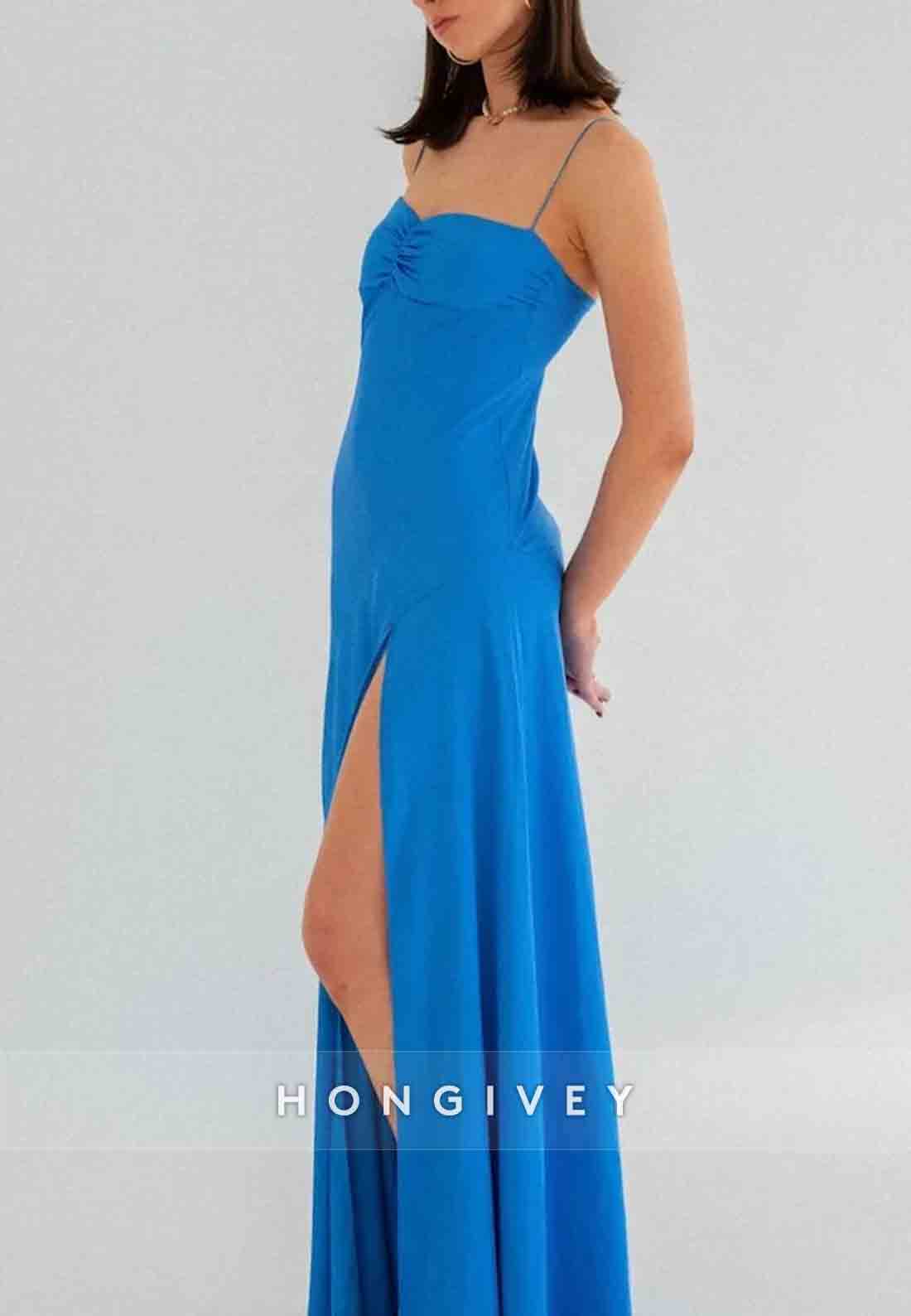 Spaghetti Straps Simple Sheath Pink Long Party Dress with High Slit