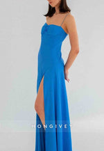 Spaghetti Straps Simple Sheath Pink Long Party Dress with High Slit