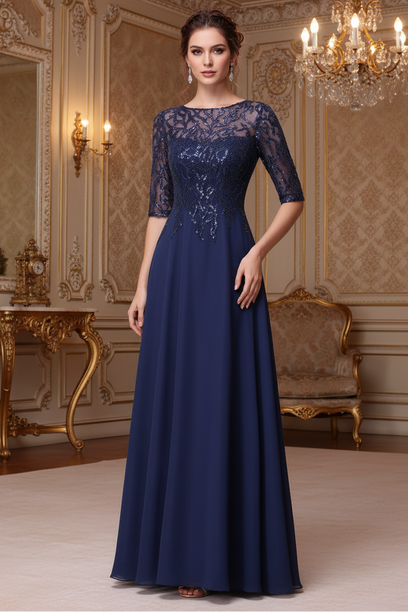 Transparent Collar Half Sleeve Long with Beads and sequins Mother of the bride dress