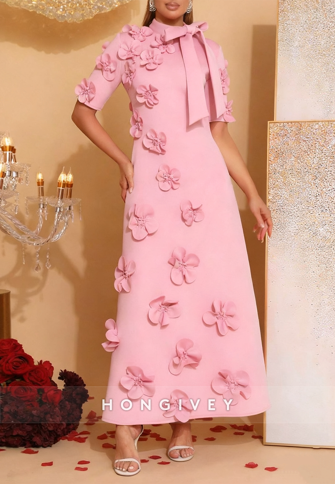 Pink A-Line High Neck Bowknot Half Sleeves Mother of the Bride Dress with 3D Flowers