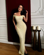 off teh Shoulder Mermaid Yellow Sequins Side Slit Prom Dress