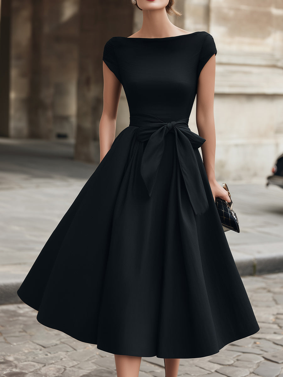 Cap-Sleeve Bow-Waist Midi Evening Dress