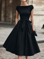 Cap-Sleeve Bow-Waist Midi Evening Dress