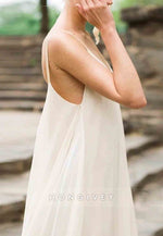 Low V-Neck Spaghetti Straps Court Train A-Line Backless Wedding Dresses