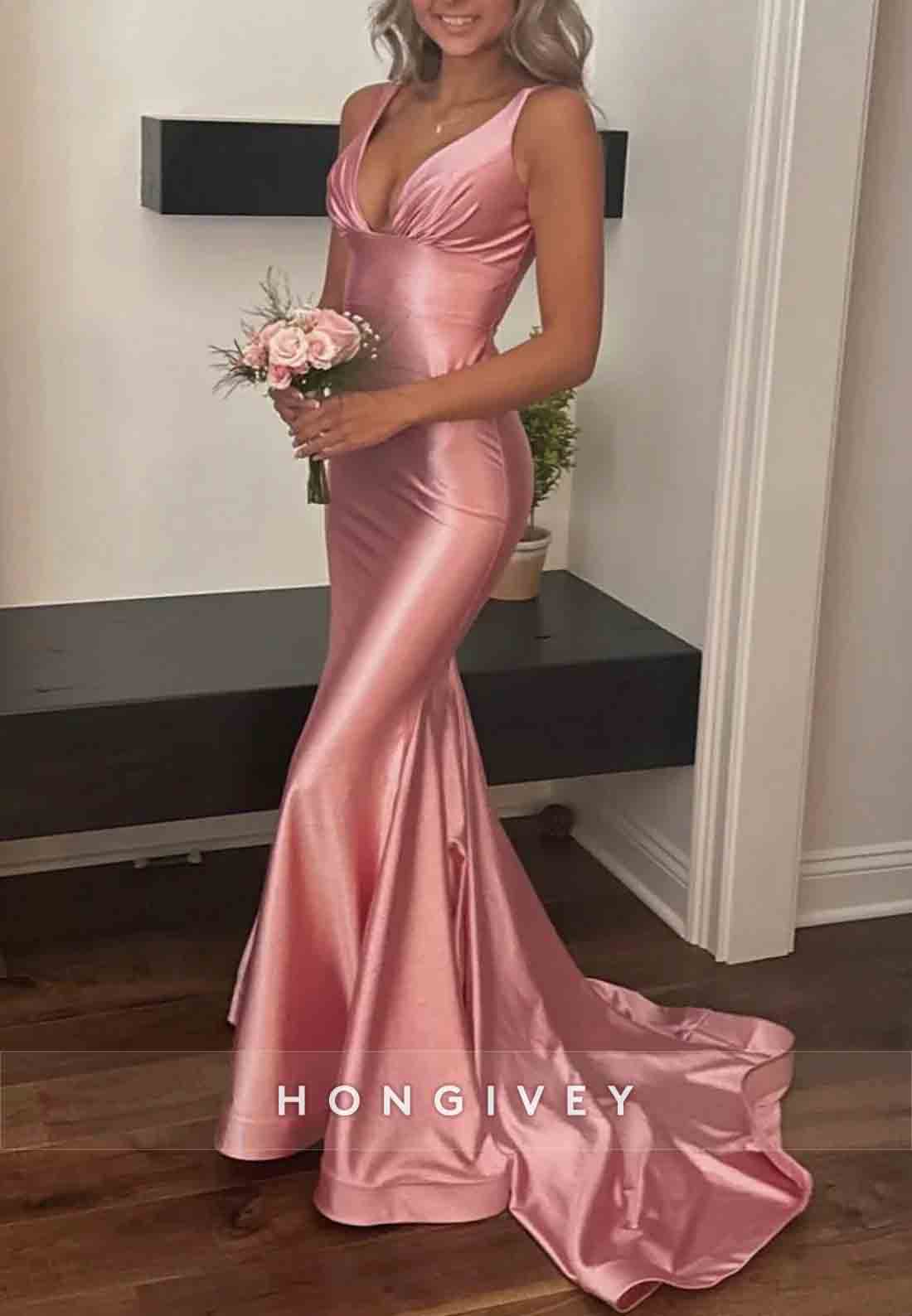 Stylish Mermaid Sweep Train Prom Dresses Pleated V Neck Pink Long Party Dress