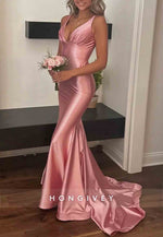 Stylish Mermaid Sweep Train Prom Dresses Pleated V Neck Pink Long Party Dress