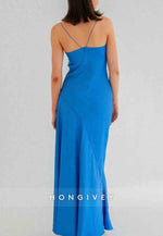 Spaghetti Straps Simple Sheath Pink Long Party Dress with High Slit