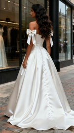 A Line Off The Shoulder Ruched Tie Shoulder Satin Wedding Dress
