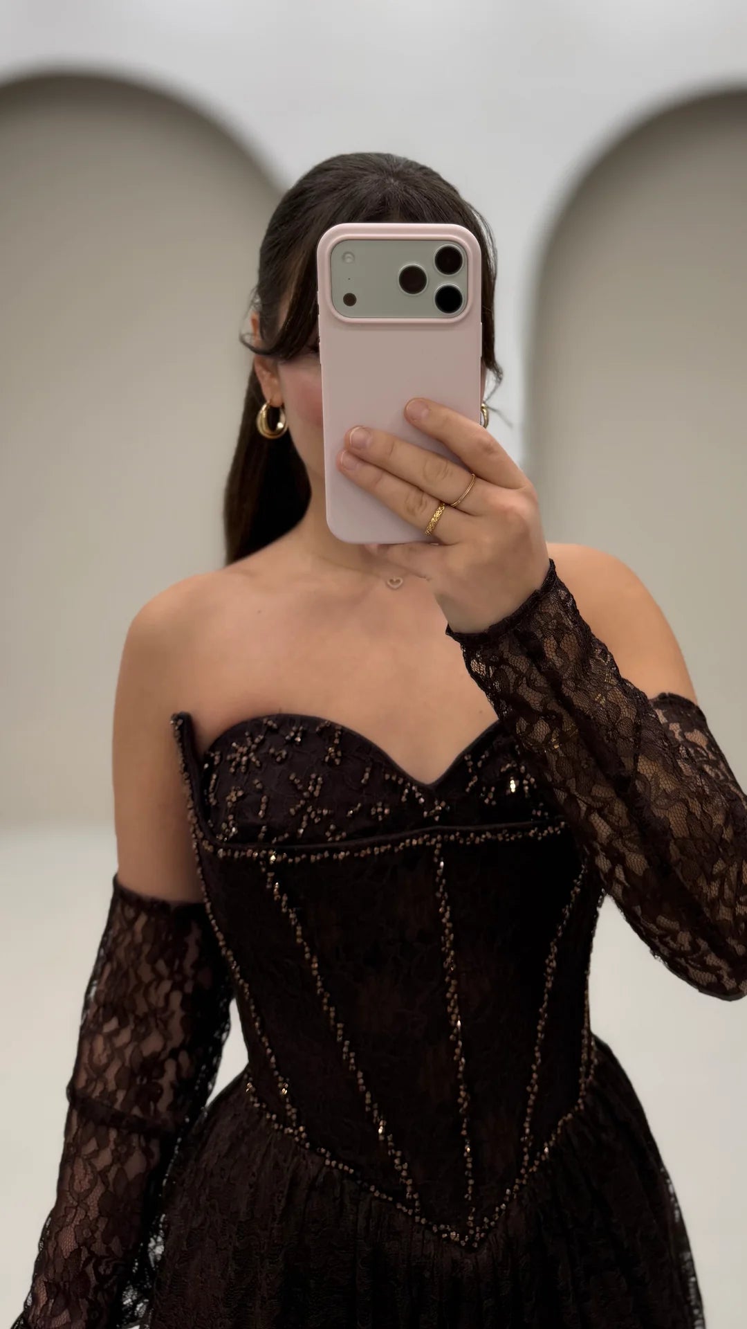 High Neck Lace Long Sleeve A-Line Floor-Length Evening Dress Sparkle