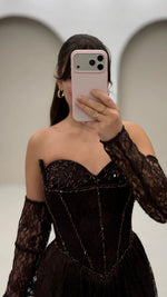 High Neck Lace Long Sleeve A-Line Floor-Length Evening Dress Sparkle