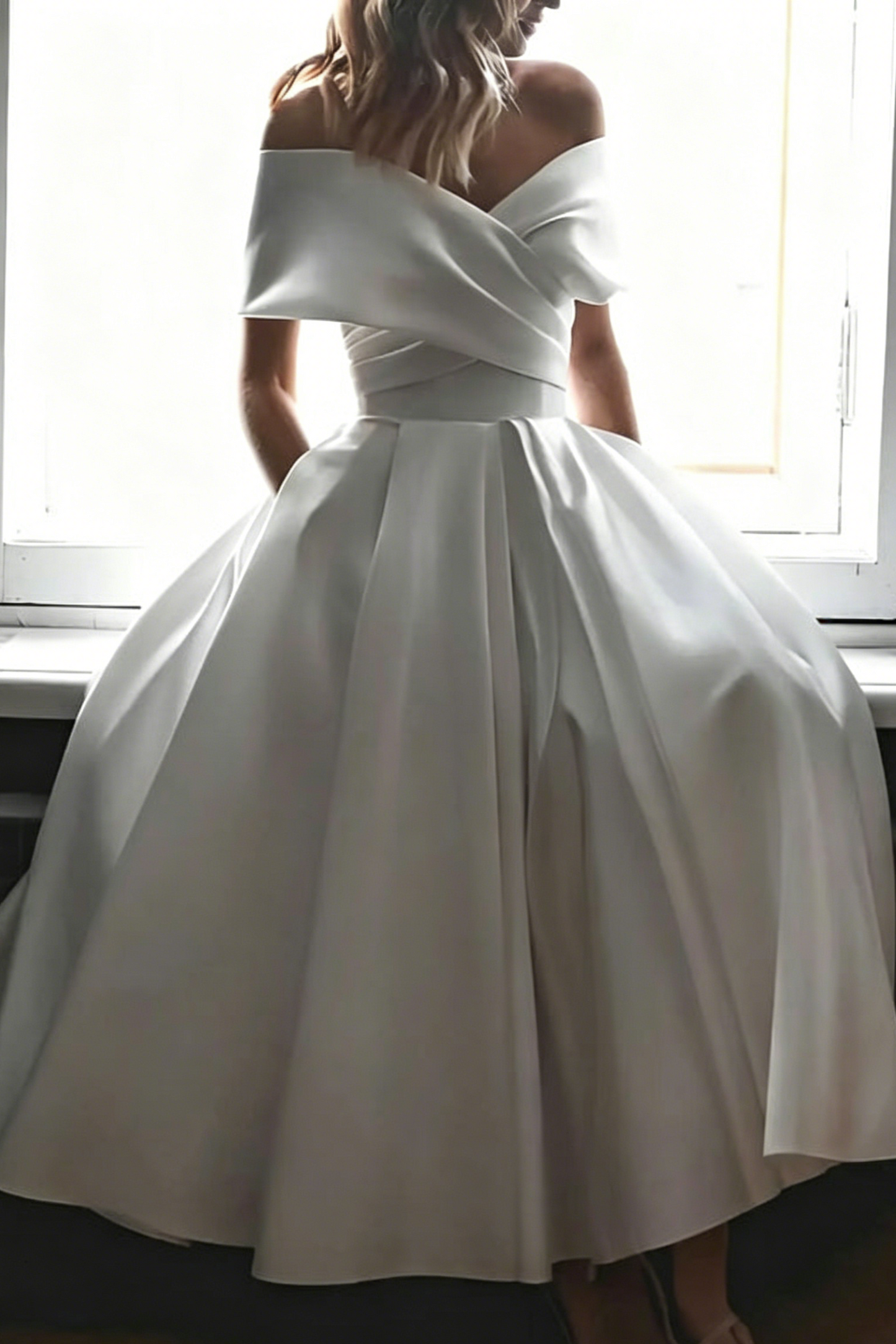 Minimalistic Ruched Off-The-Shoulder White Wedding Dress With Pockets