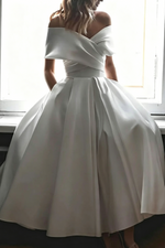 Minimalistic Ruched Off-The-Shoulder White Wedding Dress With Pockets