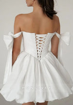 Off the Shoulder A-Line Ruched Crisscross Back Bridal Gowns with Bowknots