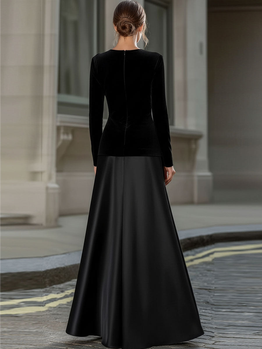 Black Satin Long-Sleeve A-Line Evening Gown