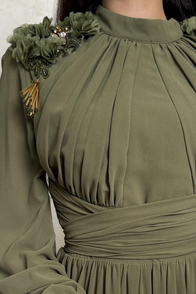 Elegant Green High Neck Long Sleeve A-Line Bow Flowers Beaded Evening Dress