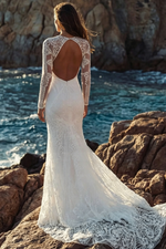 Boho/Beach Illusion Neck Long Sleeves Sweep Train Lace Wedding Dresses