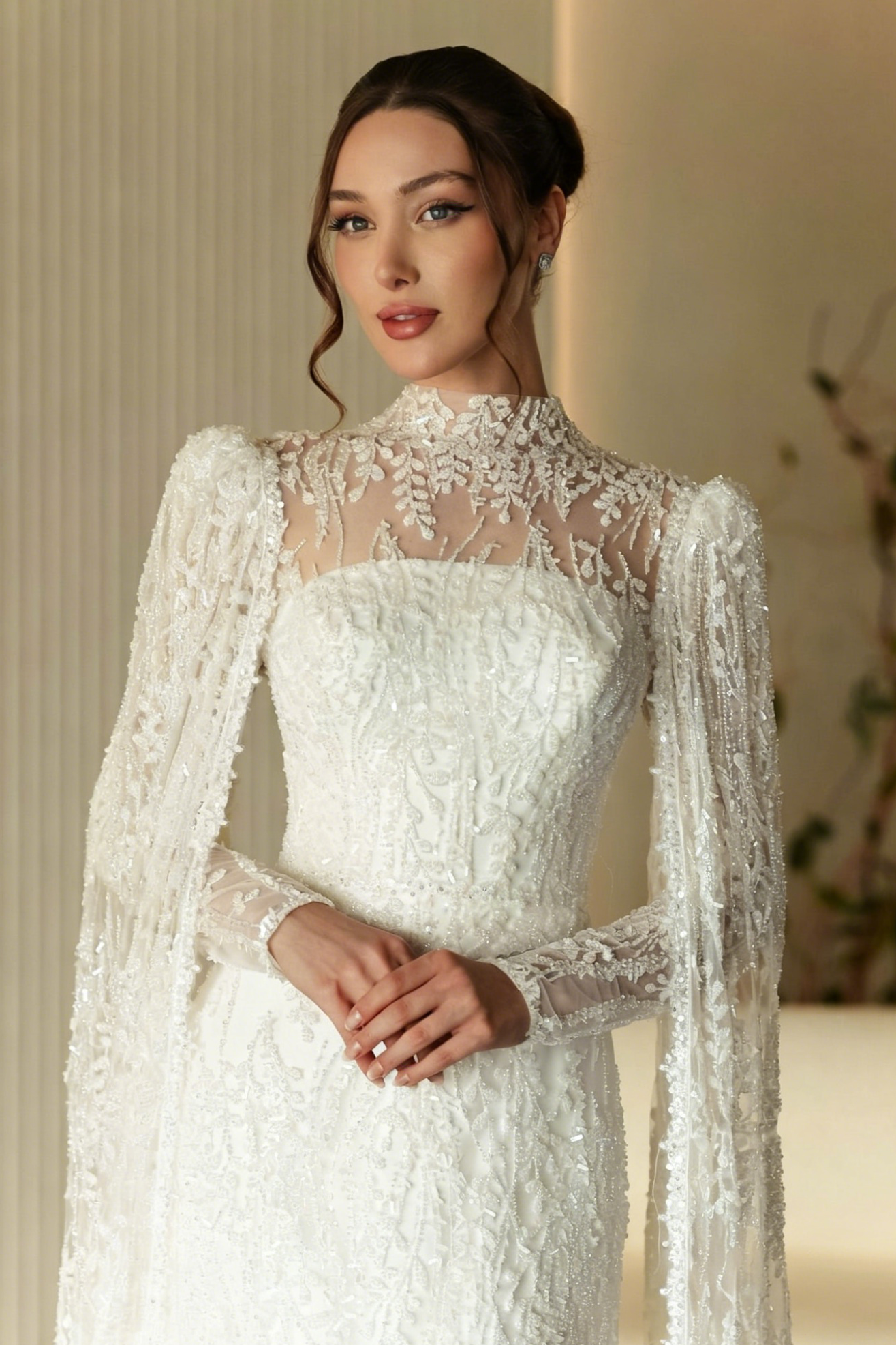 High Neck Long Sleeve Lace Bridal Gown with Cape