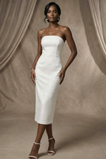 Minimalistic Beaded Strapless Bow Accented Back Wedding Dresses With Back Slit