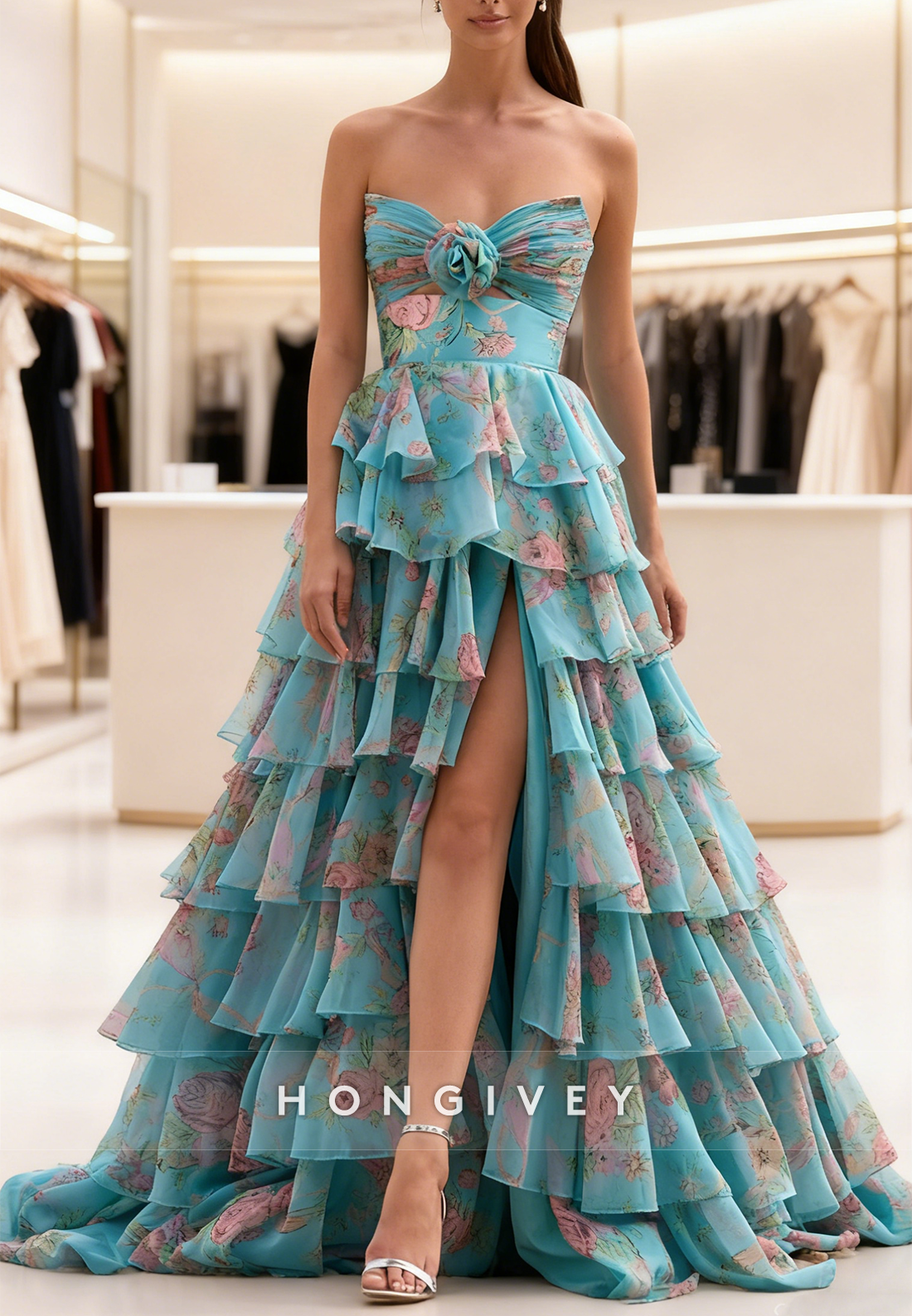 Sweetheart Flower A-Line Tassel Slit Prom Dress