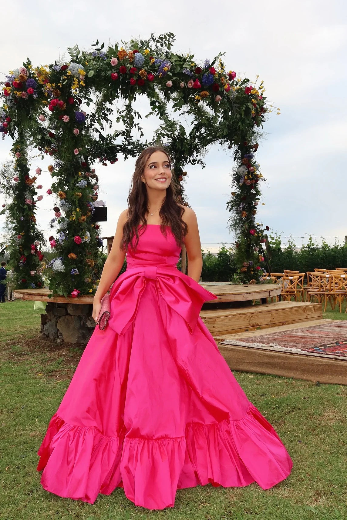 Fuchsia Strapless Sleeveless A-Line Bow Party Prom Dress Floor-Length