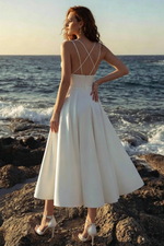 A-Line V-Neck Sleeveless Tea-Length Satin Wedding Dress With
