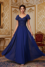 V-neck short sleeved long formal mother of the bride dress